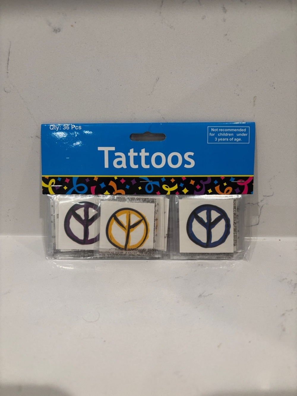 Temporary Peace Sign Tattoos - Purple, Yellow, Blue